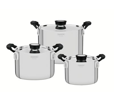 Tramontina Grano Compact 6pc Stainless Steel Cookware Set, full body try ply 1 - Deep Casserole 20cm - 3,8l 1 - Stock Pot 16cm - 2,2l 1 - Stock Pot 24cm - 7,7l